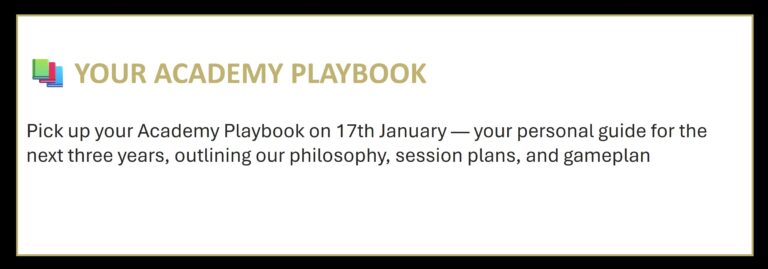 elite youth rugby: 📚 YOUR ACADEMY PLAYBOOK Pick up your Academy Playbook on 17th January — your personal guide for the next three years, outlining our philosophy, session plans, and gameplan