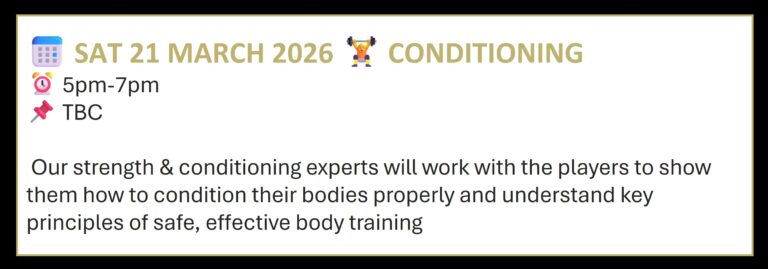 body conditioning session with elite youth rugby. Our strength & conditioning experts will work with the players to show them how to condition their bodies properly and understand key principles of safe, effective body training . March 2026