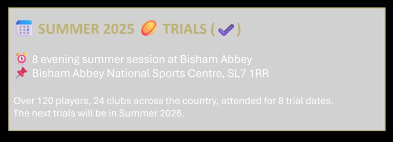 EYR: 📅 SUMMER 2025 🏉 TRIALS (✔️) ⏰ 8 evening summer session at Bisham Abbey📌 Bisham Abbey National Sports Centre, SL7 1RR Over 120 players, 24 clubs across the country, attended for 8 trial dates. The next trials will be in Summer 2026.